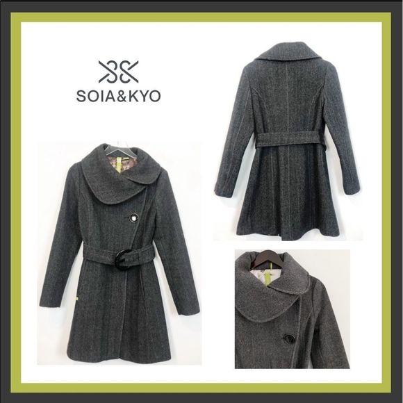 Anthropologie Soia & Kyo Grey Herringbone Wool Blend Belted Lined Coat Sz XL - Picture 1 of 10